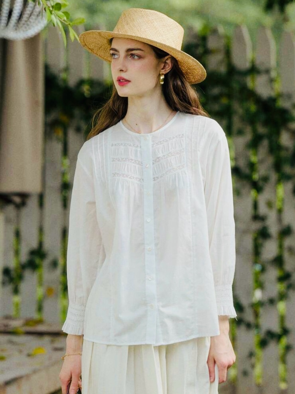 Simple Retro Vintage - Inspired Women's Long Sleeve Blouse 100% Cotton - Size S
